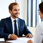 Financial Advisor Meeting**

"A professional financial advisor, fully clothed in modest business attire, sitting at a desk in a modern office setting, meeting with a client couple, discussing investment plans. Safe for work, appropriate content, professional, perfect anatomy, correct proportions, well-formed hands, family-friendly atmosphere, bright and welcoming environment."

**