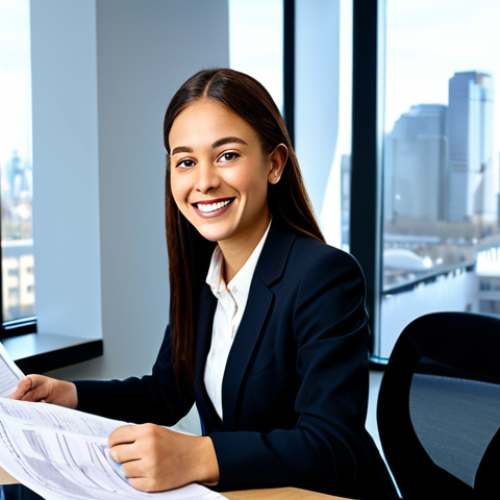 Home 8 Young Professional Financial Planning**
"A young, fully clothed professional in modest business attire sits at a desk in a modern office. She is smiling slightly while reviewing financial documents. The background is a bright, clean office space with a window showing a cityscape. Safe for work, appropriate content, perfect anatomy, correct proportions, professional setting, financial planning theme."
**