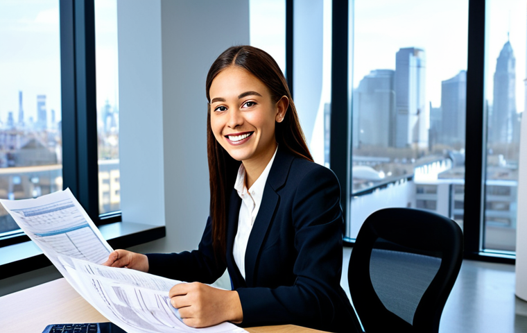 Young Professional Financial Planning**

"A young, fully clothed professional in modest business attire sits at a desk in a modern office. She is smiling slightly while reviewing financial documents. The background is a bright, clean office space with a window showing a cityscape. Safe for work, appropriate content, perfect anatomy, correct proportions, professional setting, financial planning theme."

**